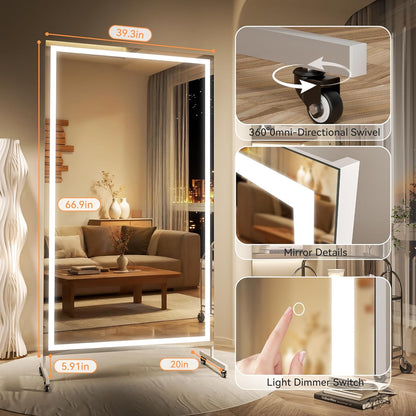 Hasipu Home Gym Mirror with Light 360° Swivel on Wheels, 79" x 32" Extra Large Full Length Rolling LED Mirror for Yoga Studio, Bedroom, Dancing Studio, White
