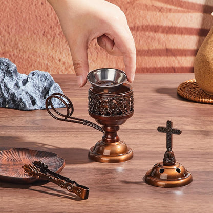 Zonon 1 Set Incense Burner with Tong, Frankincense Charcoal Incense Stand Holder, Ideal for Yoga, Spa, Aromatherapy, Home and Christian Church Censer (Gold,Retro)