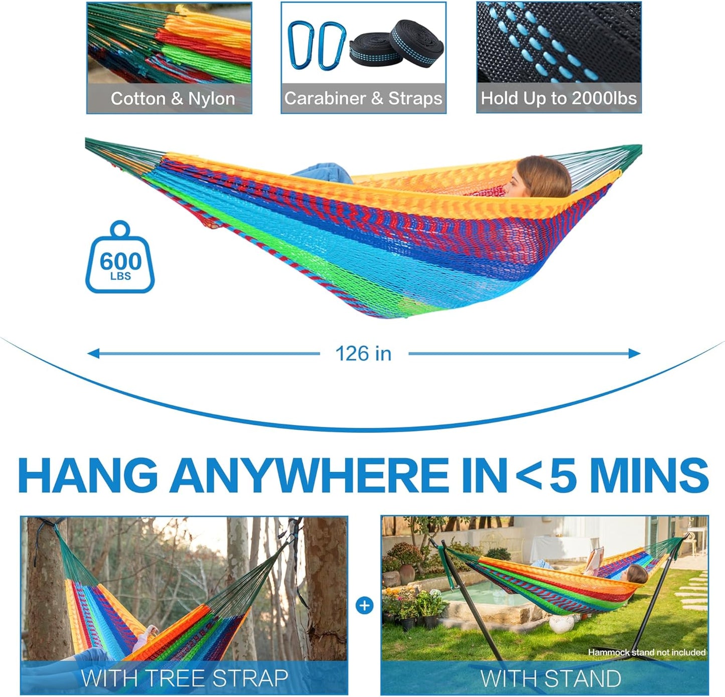 PNAEUT Handwoven Mayan Hammocks, Double Rope Hammock for Outdoor Outside & Indoor, Thick Soft 600 lbs Capacity Heavy-Duty, Includes Tree Straps, Carabiners & Carrying Bag (Nature, X-Large)