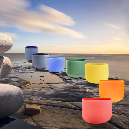 Ryan Dvan 432Hz 7"-12" Set of 7 Crystal Singing Bowl Set ¨C Gradient Color Quartz Bowls for Chakra Healing, Meditation, Sound Bath & Yoga.Sound Therapy Tools with Suede Mallets & O-Rings.