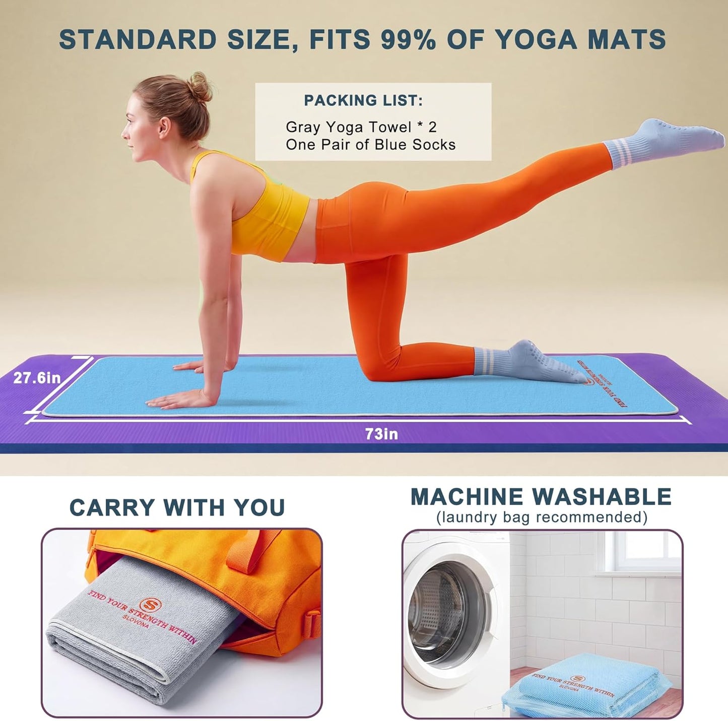 Upgraded Yoga Mat Towel with Bonus Grip Socks Elegant Embroidered Design, 1-Second Sweat Absorption & Non-Slip | Machine Washable Microfiber | Hot Yoga, Pilates | 73''*27.6'' | Orchid Purple