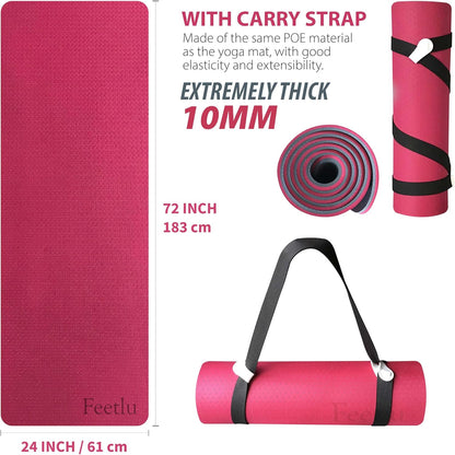 Yoga Mat with Strap – 10mm & 12mm Thick Yoga Mat, Non-Skid Dual Surface Workout Mat, Eco-Friendly POE Yoga Mats for Women Men Kids, Perfect Exercise Mat for Pilates, Yoga, and Floor Workouts, Includes Carrying Strap.