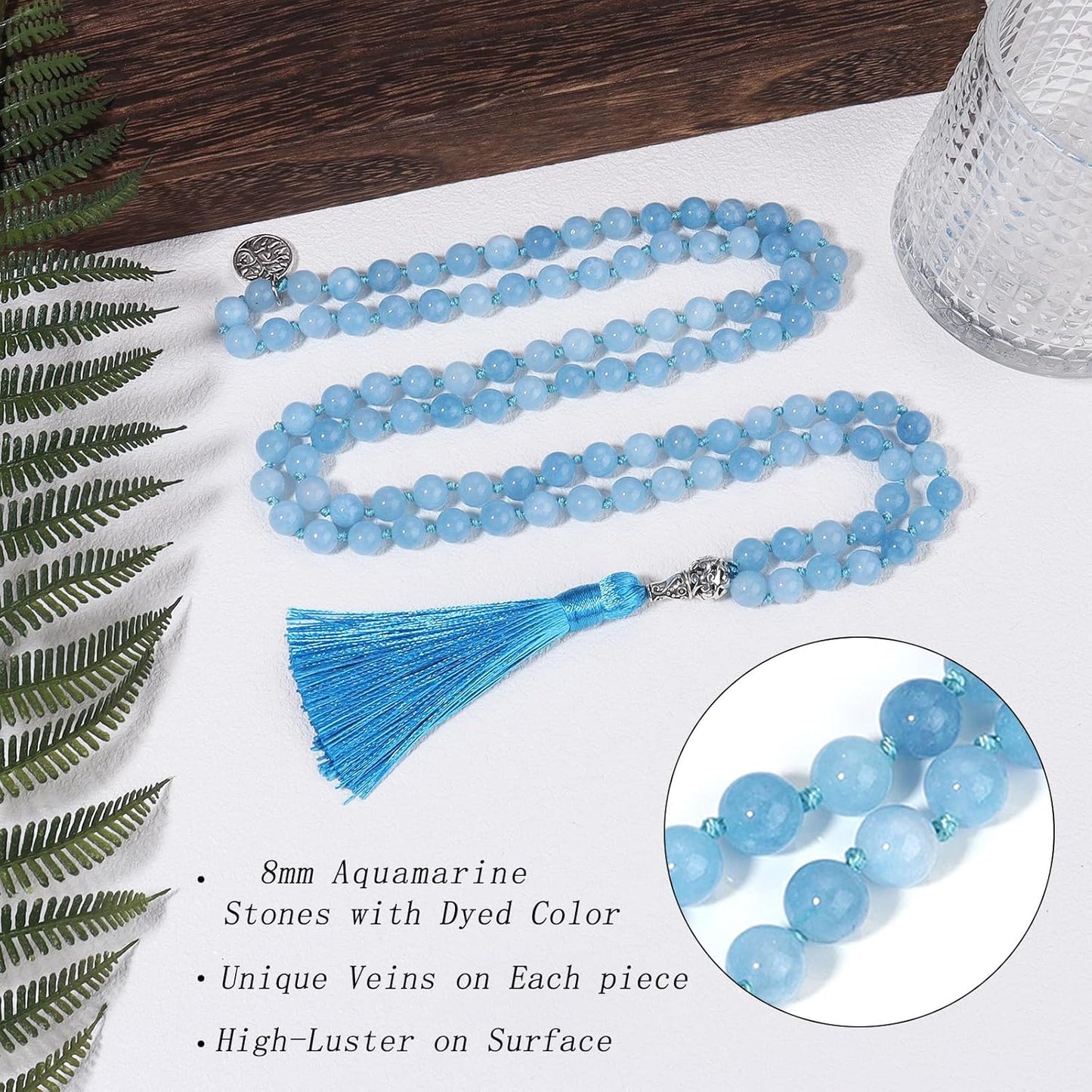 108 Mala Beads Necklace Semi-Precious Gem Stones Meditation Necklace 108 Hand Knotted Japa Mala Beaded Tassel Necklace with Tree of Life Pendant