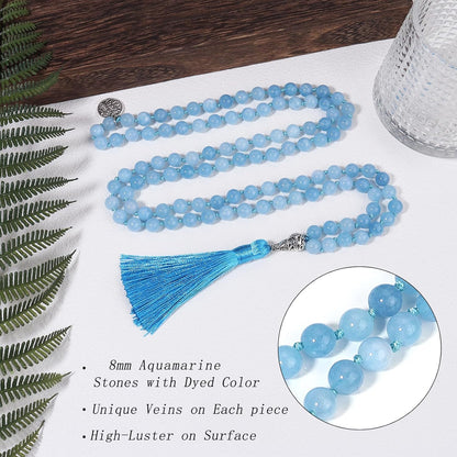 108 Mala Beads Necklace Semi-Precious Gem Stones Meditation Necklace 108 Hand Knotted Japa Mala Beaded Tassel Necklace with Tree of Life Pendant