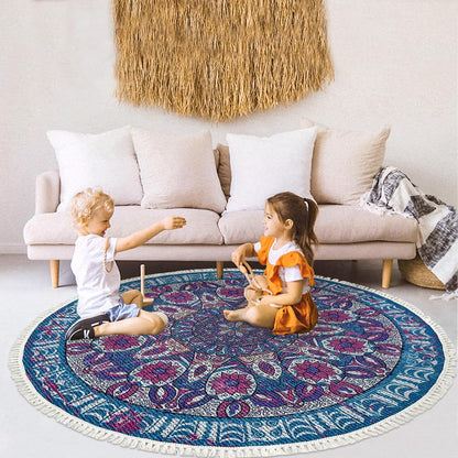 Boho Rug 5Ft Round Bedroom Carpet Circle Nonslip Farmhouse Area Rug Rustic Mandala Floor Mat for Living Room Locker Room Tassel Yoga Throw Rugs Washable Doormat, Purple