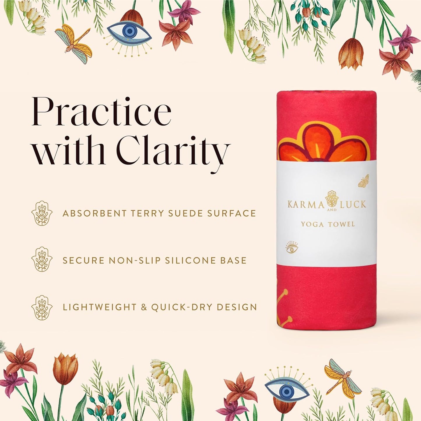 KARMA AND LUCK Radiant Protection Yoga Towel, Absorbent, Non-Slip Hot Yoga Mat Towel, Silicone Grip & Soft Terry Suede for Spiritual Energy Shield & Clarity, 26” x 72”