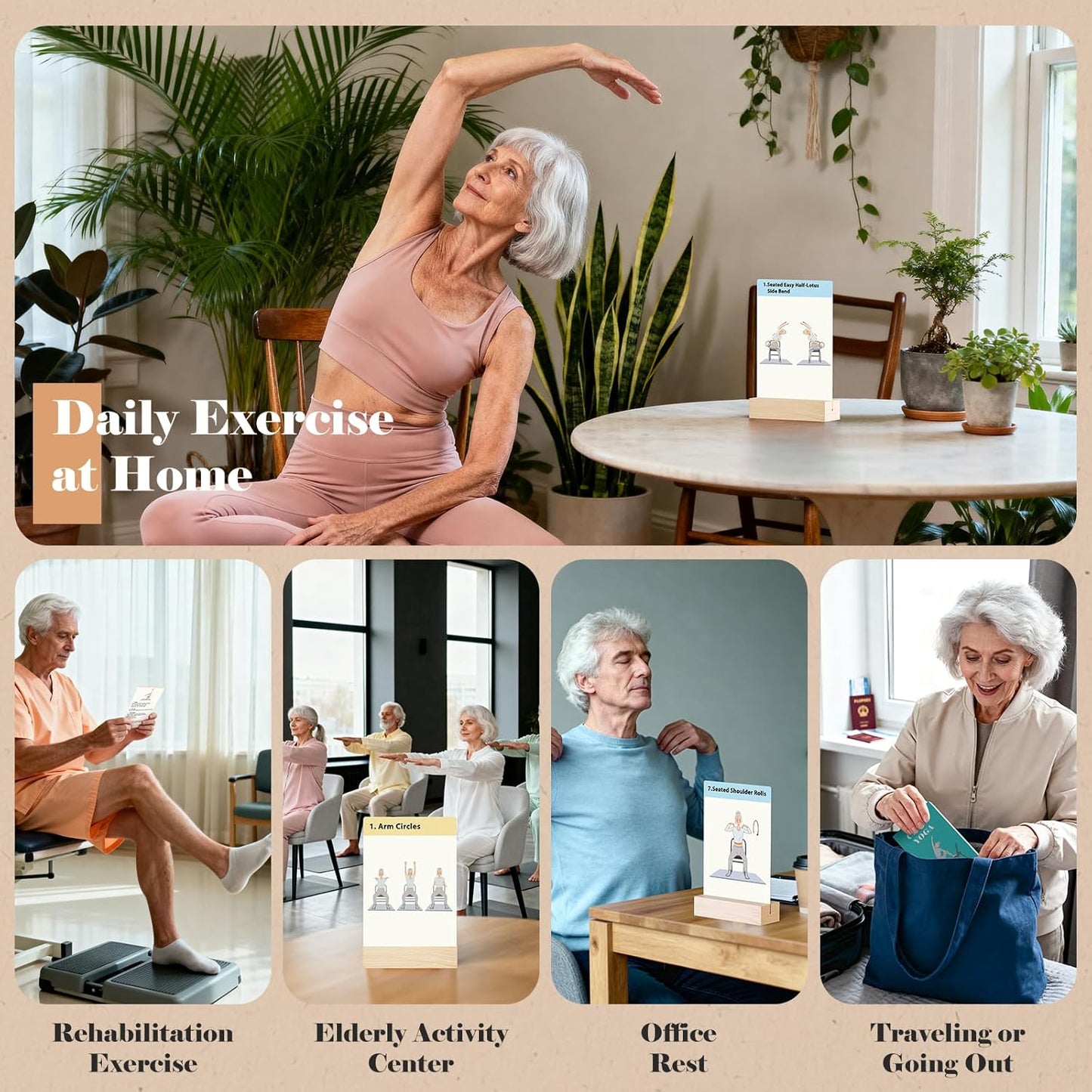 Chair Yoga Cards with Solid Wood Stand for Seniors & Older Adults | 50 Large Print Exercises with 5 Guided Routines | The Perfect Chair Yoga Gift for Balance, Strength & Flexibility