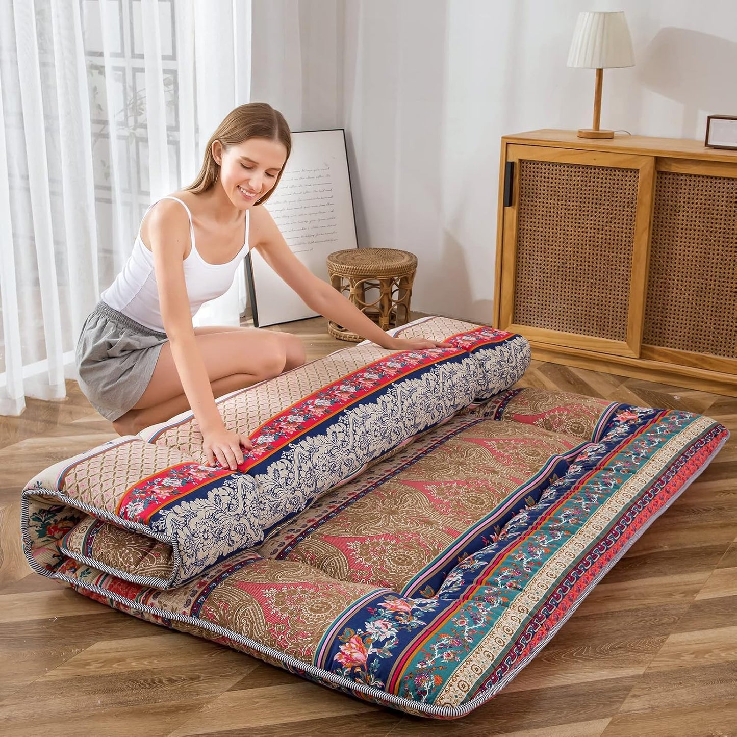 MAXYOYO Bohemian Retro Mattress Boho Floral Japanese Futon Mattress Tatami Floor Mat Foldable Portable Camping, Sleeping Pad, Lounger Couch Bed Full Size