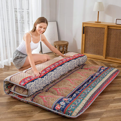 MAXYOYO Bohemian Retro Mattress Boho Floral Japanese Futon Mattress Tatami Floor Mat Foldable Portable Camping, Sleeping Pad, Lounger Couch Bed Full Size