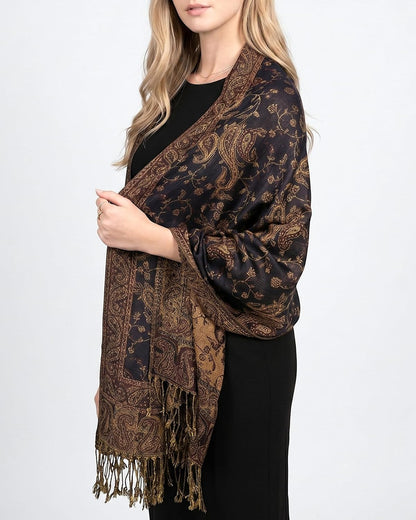 Achillea Reversible Paisley Pashmina Rave Scarf – Exotic Indian Shawls and Wraps for Evening Dresses, Festivals, All Seasons - Colors A
