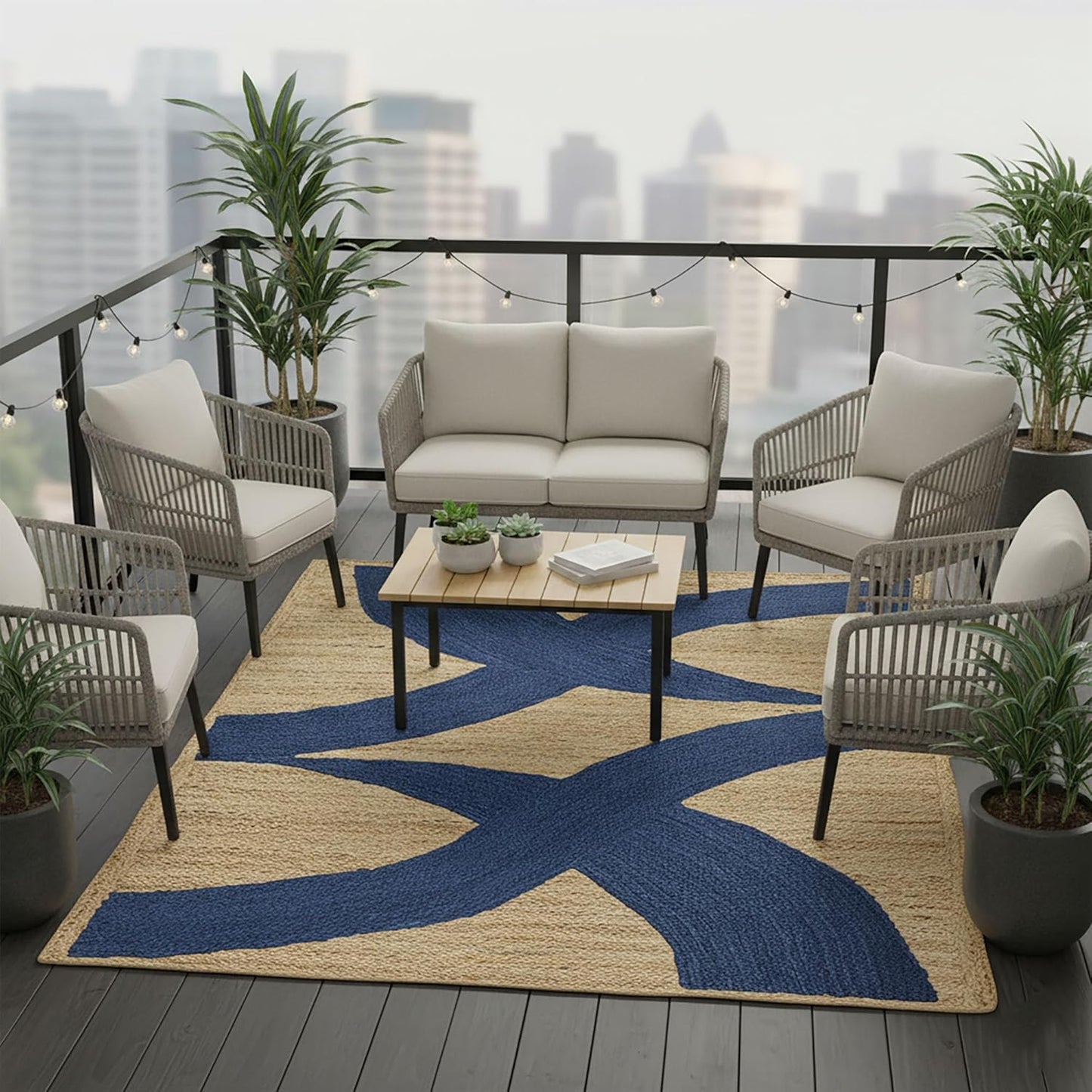 Premium Quality Jute Rug 4x6 Feet Area Rug Natural Fiber Jute Rugs Thick 0.27" Black Abstract Pattern Geometric Rugs for Kids Room, Living Room, Yoga Mat, Indoor Outdoor Carpet - Colors A