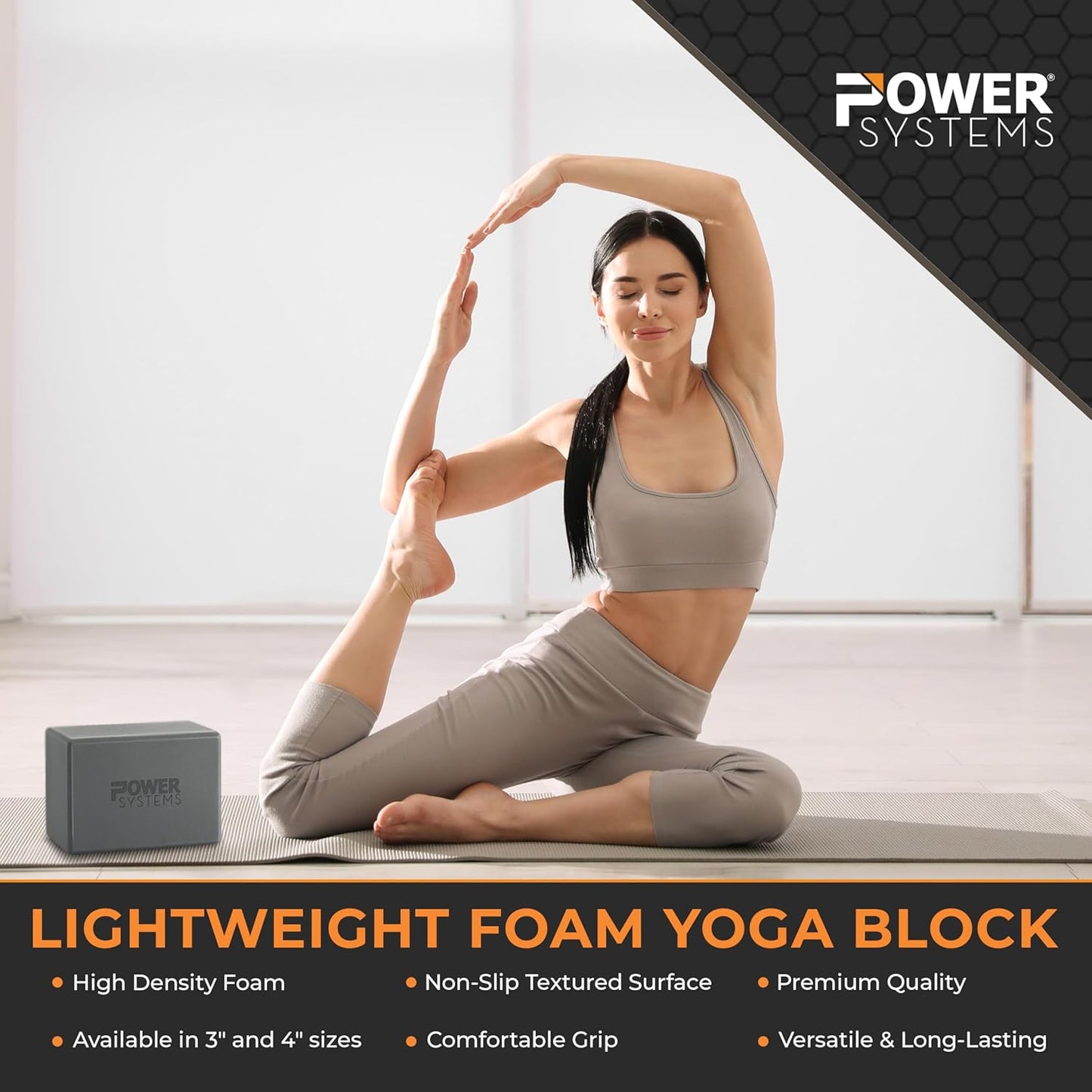 Power Systems Yoga Block | Commercial Grade Foam, Lightweight, Durable Ergonomic Support for Home and Studio Use | Yoga, Pilates, Meditation, Flexibility, and Balance with Textured Non-Slip Grip and Smooth Edges