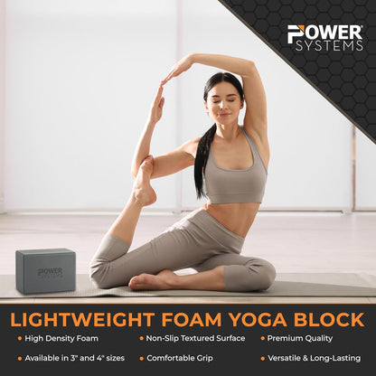 Power Systems Yoga Block | Commercial Grade Foam, Lightweight, Durable Ergonomic Support for Home and Studio Use | Yoga, Pilates, Meditation, Flexibility, and Balance with Textured Non-Slip Grip and Smooth Edges