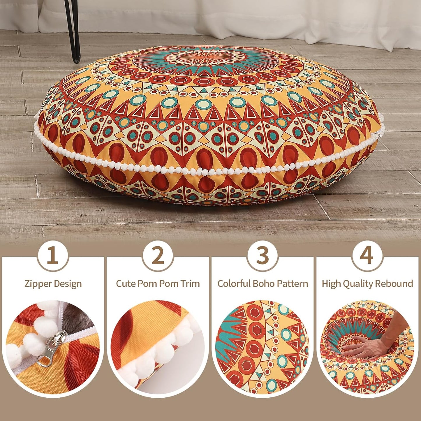LOVMOC 32 Inch Round Floor Pillow for Adults, Large Thick Memory Foam Boho Mandala Meditation Floor Seating Cushion, Machine Washable for Living Room Outdoor Yoga Floor Sitting, Navy Blue