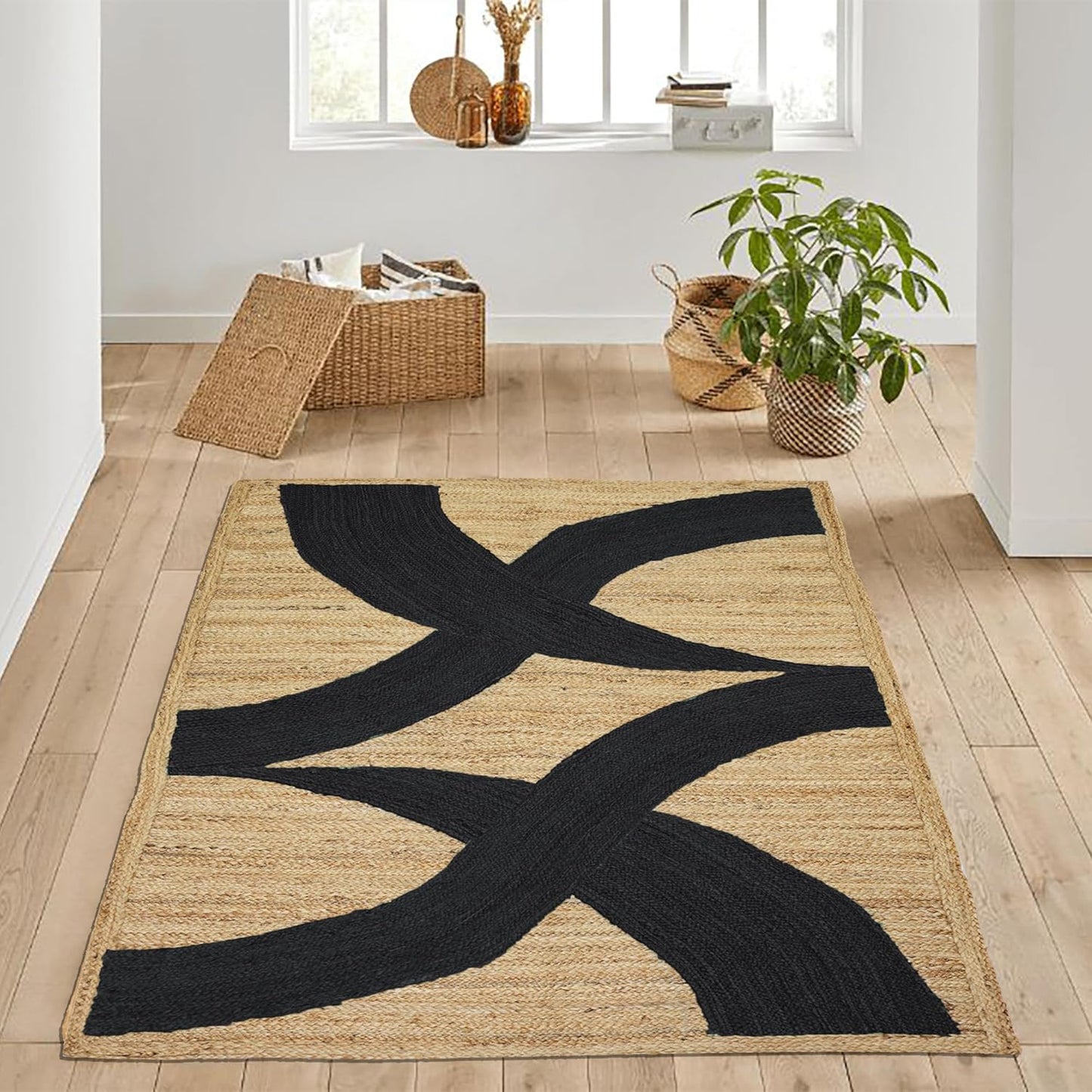 Premium Quality Jute Rug 4x6 Feet Area Rug Natural Fiber Jute Rugs Thick 0.27" Black Abstract Pattern Geometric Rugs for Kids Room, Living Room, Yoga Mat, Indoor Outdoor Carpet - Colors B