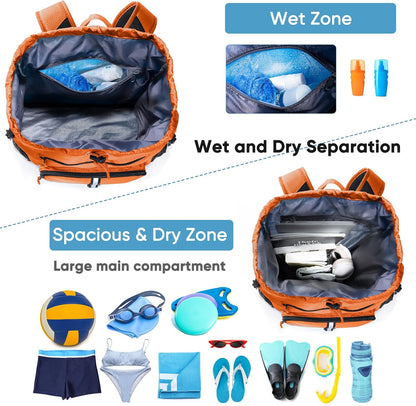 Large Beach Backpack Waterproof Sandproof - Customized Oversized Drawstring Pool Bag with Shoe Compartment for Toiletries, Towels, Gym, Travel
