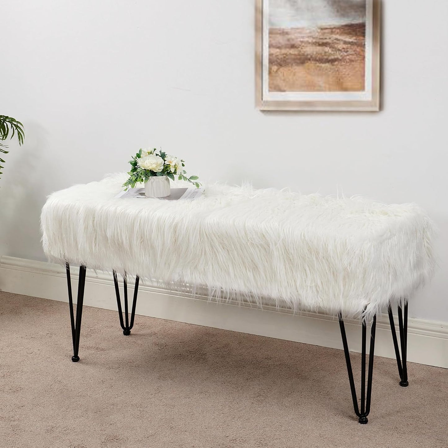 Home Soft Things Green Mongolian Faux Fur Ottoman, Desert Sage, 19'' x 13'' x 17'', Cozy Plush Fluffy Ottoman Foot Rest Stool for Living Room Bedroom Entryway Makeup Bench End of Bed Home Décor