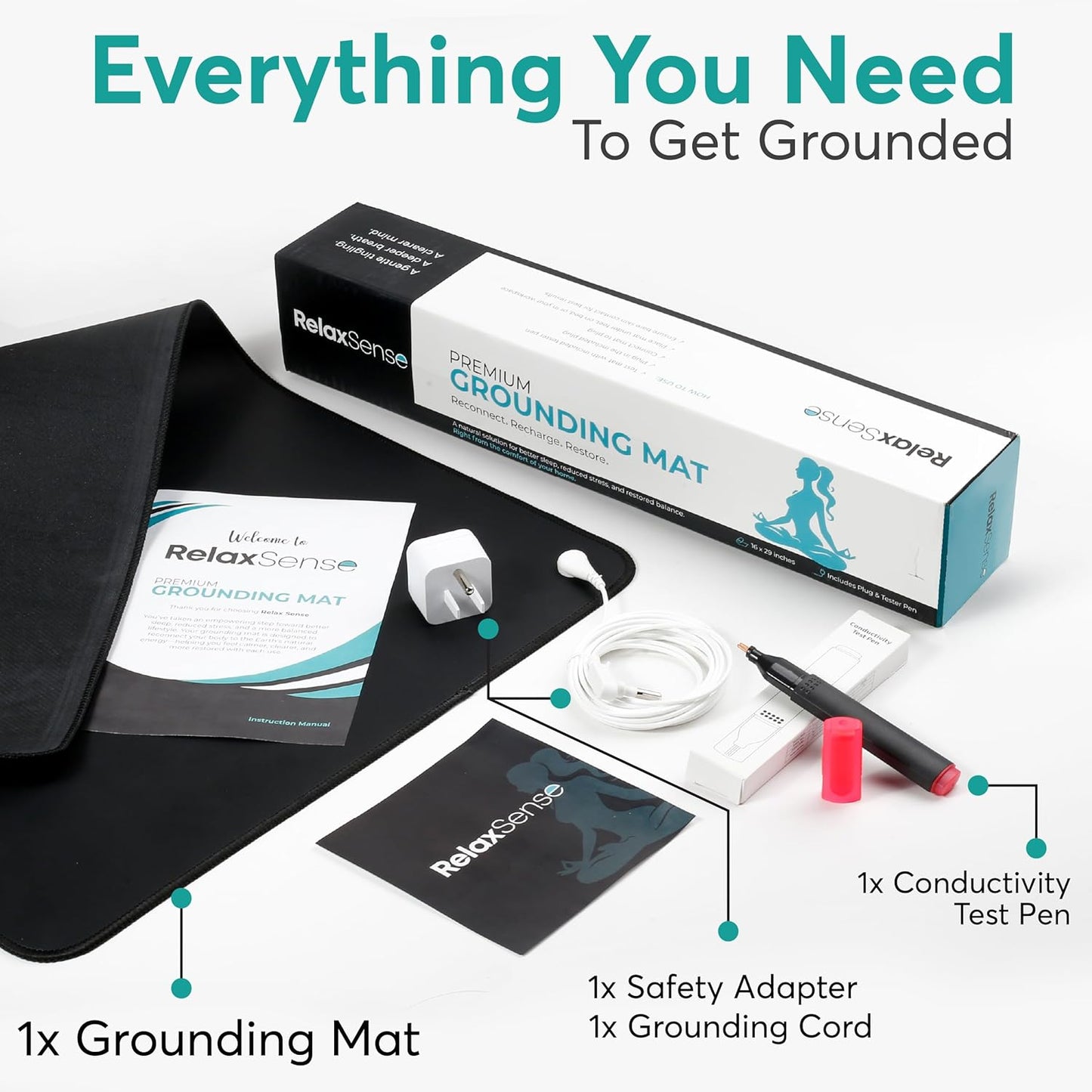 Grounding Mat for Feet, Desk & Bed - Foldable Earthing Mat Grounding Pad with 5 Ft Cord & Tester Pen - Lightweight PMF Pad for Sleep, Yoga, Meditation & Stress Relief (16 x 29 in)