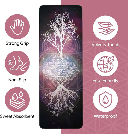 HIGHTOP Yoga Mat with Strap Non-Slip 6mm Thick, Premium Suede & TPE Tree-of-Life Root Chakra Design (72”x24”) Yoga, Hot Yoga, Pilates and Sweaty Workout