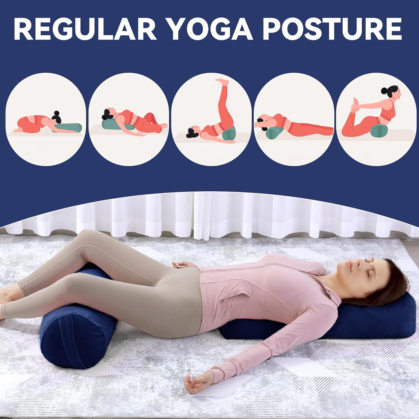 ROYALAY 2 Pcs Yoga Bolster Pillow for Restorative Yoga, Rectangular and Cylinder Meditation Pillow Set with Carrying Handles, Supportive Cushion for Exercise Workout Stretching Meditation,Dark Blue