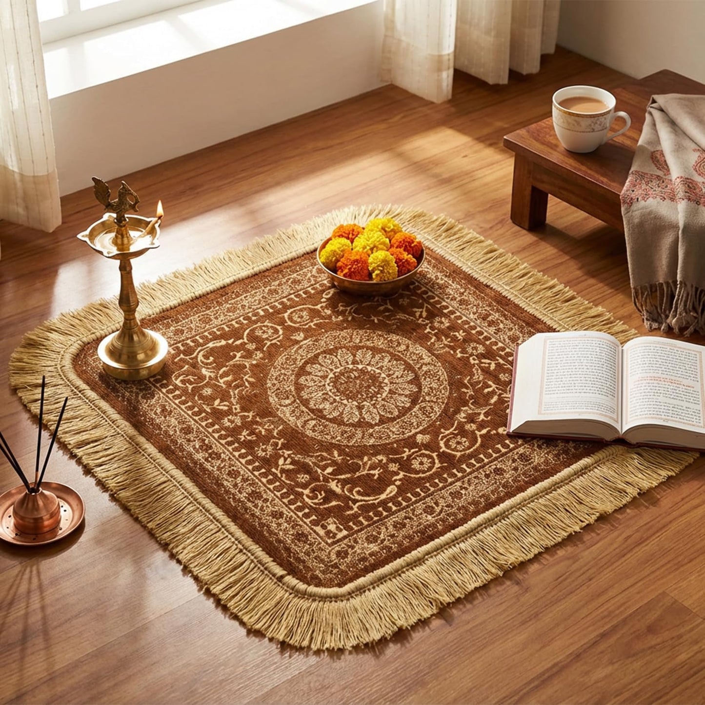 Soft Chenille Prayer Mat | Traditional Mandala Floral Pooja Aasan with Golden Fringes | Multipurpose Square Rug for Meditation, Yoga, Puja Room & Home (Red, 2x2 Feet)