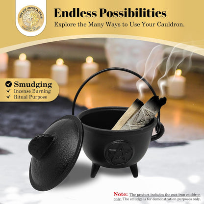 New Age Imports, Inc. Cast Iron Cauldron w/handle & lid, ideal for smudging, incense burning, ritual purpose, decoration, halloween decoration, candle holder, etc. (Pot Style 4" Dia (BR90))