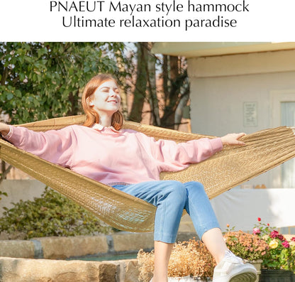 PNAEUT Handwoven Mayan Hammocks, Double Rope Hammock for Outdoor Outside & Indoor, Thick Soft 600 lbs Capacity Heavy-Duty, Includes Tree Straps, Carabiners & Carrying Bag (Nature, X-Large)