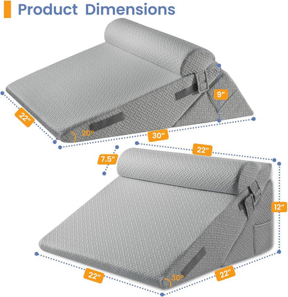Sasttie Wedge Pillow Set for After Surgery, 2PCS Adjustable Bed Wedge Pillow Headboard with Memory Foam Neck Cushion – for Acid Reflux, Sleeping, Neck & Back Support, Dark Grey