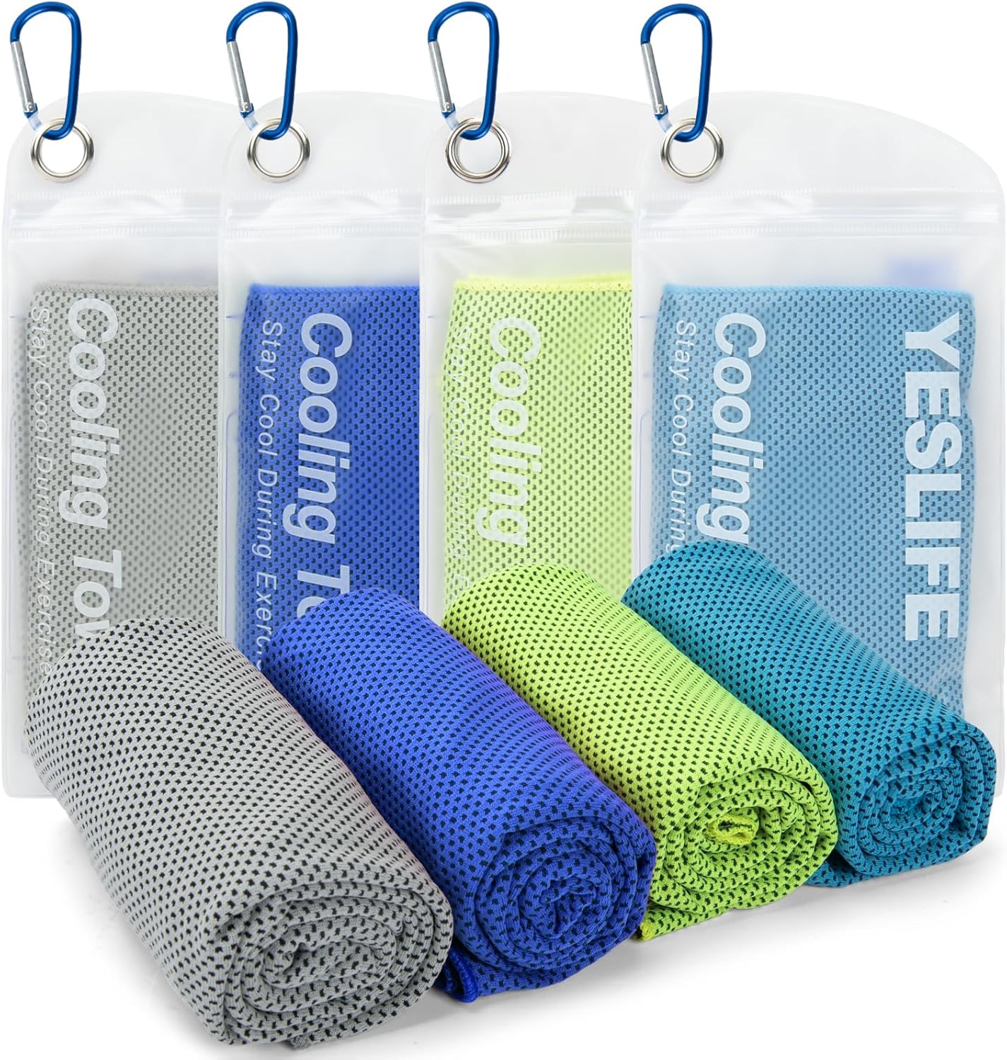 YESLIFE 4 Pack Cooling Towels 40"x12", Gym Towels for Men and Women, Soft Breathable Workout Towels for Yoga, Running, Sport, Workout, Camping, Fitness & More (Blue, Grey, Green, Pink)