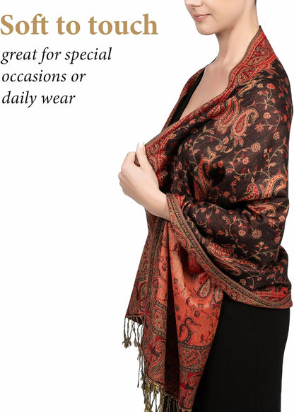 Achillea Reversible Paisley Pashmina Rave Scarf – Exotic Indian Shawls and Wraps for Evening Dresses, Festivals, All Seasons - Colors A