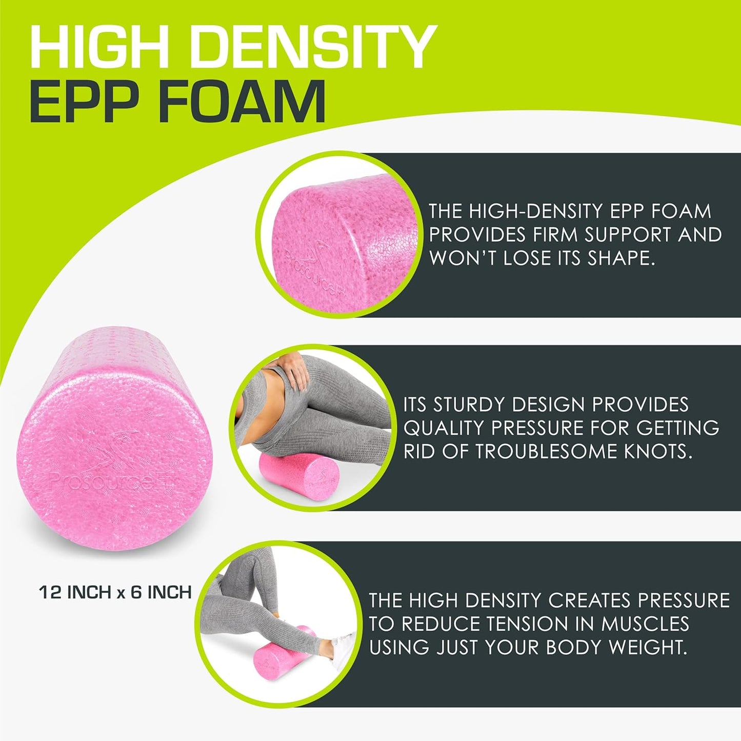 ProsourceFit High Density Foam Rollers 12 - inches long, Firm Full Body Athletic Massage Tool for Back Stretching, Yoga, Pilates, Post Workout Muscle Recuperation, Black