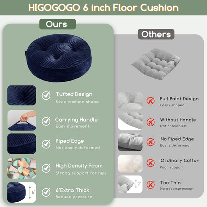 HIGOGOGO Floor Pillow Cushion for Adults, Meditation Cushion Pillow, Large Square Floor Sitting, Tufted Corduroy Cover, for Tatami Living Room or Yoga, 22x22 Inch, Dark Grey