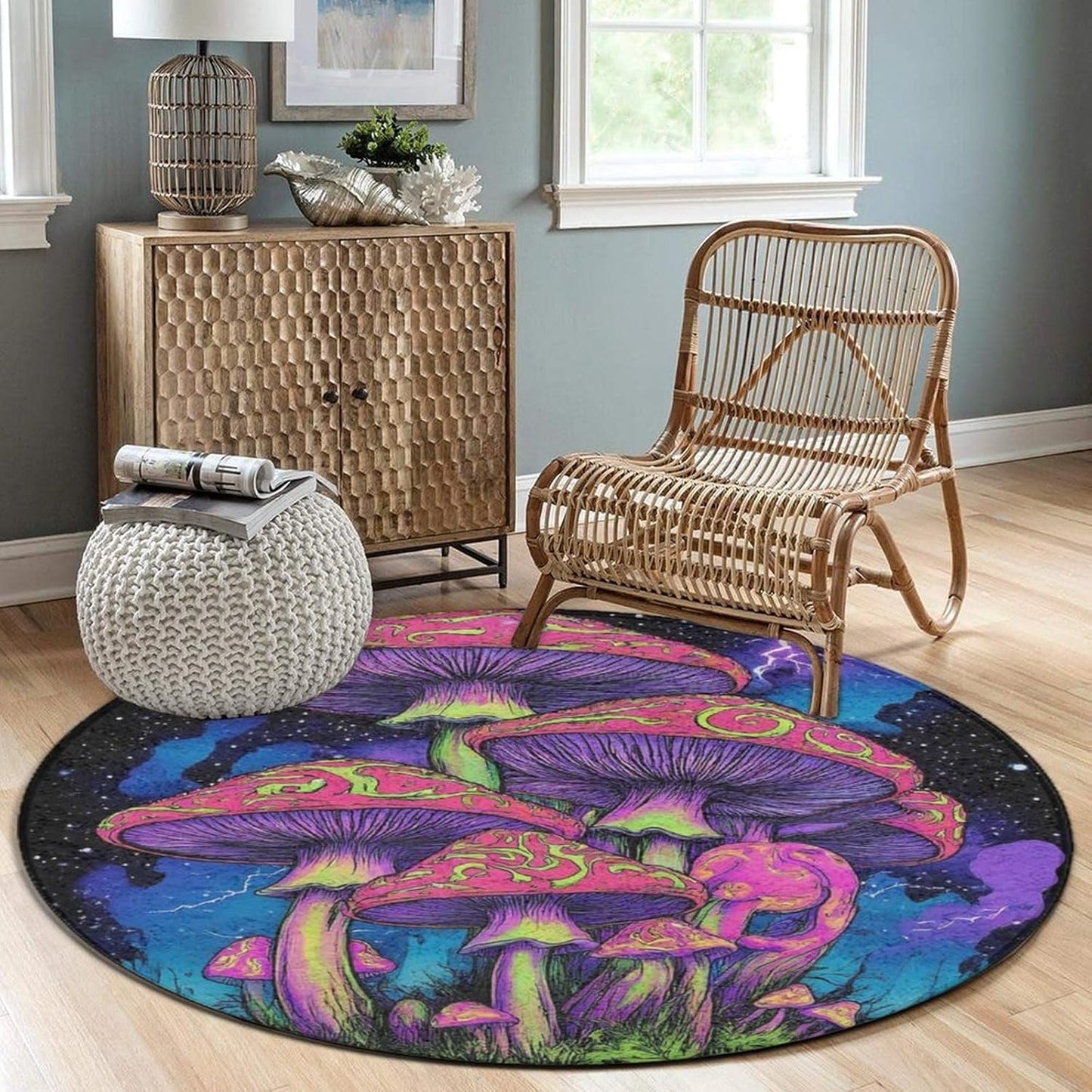 Home Decor Non Slip Kitchen Office Circle Rug, Machine Washable Modern Round Area Rug, Room Sofa Yoga Soft Round Carpet Purple Galaxy Trippy Space Astronaut Art, 36inch