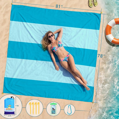 BYDOLL Beach Blanket Waterproof Sandproof Large Sand Free,78''X81''/10'X9' Oversized Sandless Lightweight Blanket Picnic Mat for Beach Travel Camping Hiking with Stakes
