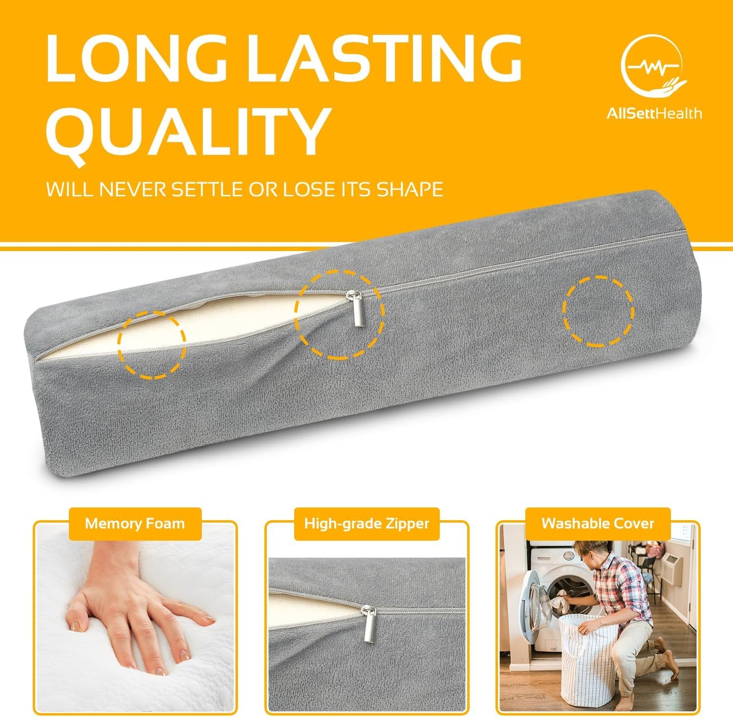 AllSett Health Round Cervical Roll Cylinder Bolster Pillow with Removable Washable Cover, Ergonomically Designed for Head, Neck, Back, and Legs, Grey | 13" X 5"