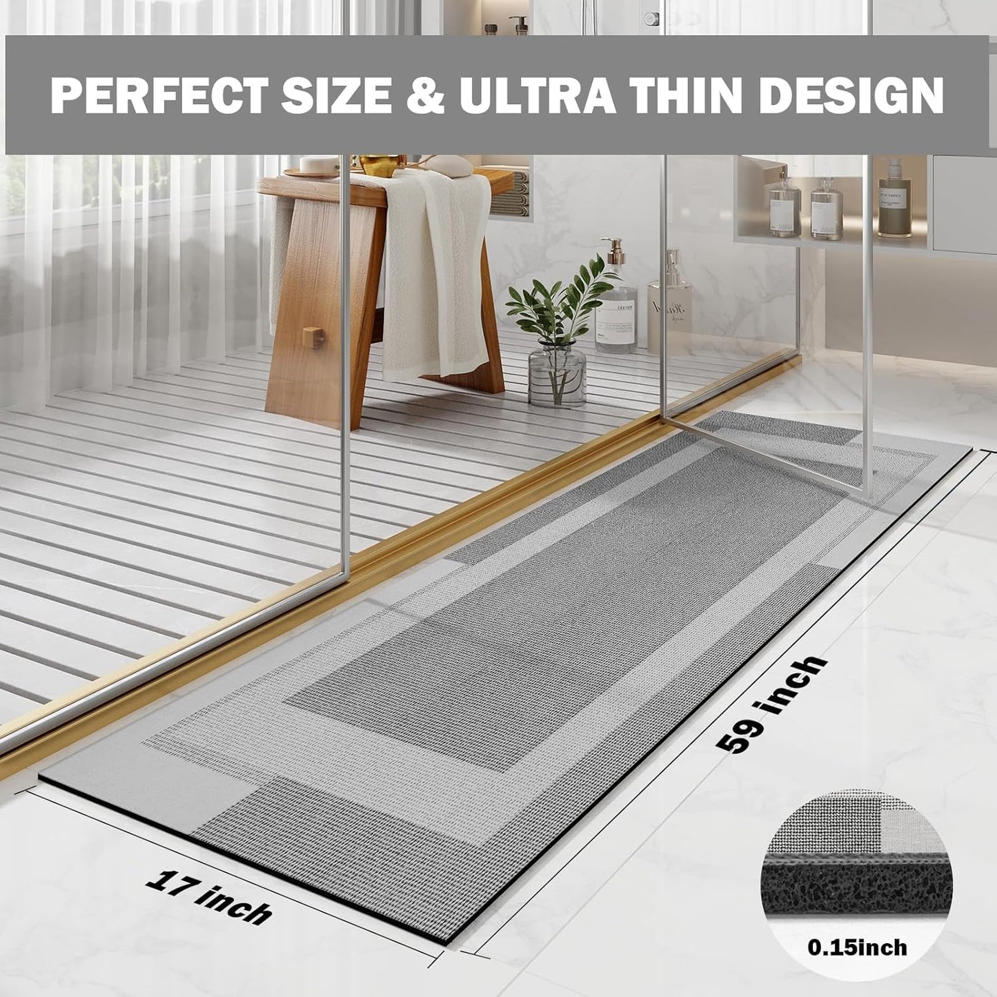 YDKGL Non Slip Long Bath Mat Bathroom Runner, Rubber Backing Ultra Thin Bathroom Rugs Fit Under Door Quick Dry Super Absorbent Washable Bath Rug Shower Mat for Bathtub Sink Floor, Dark Gray 17"x47"