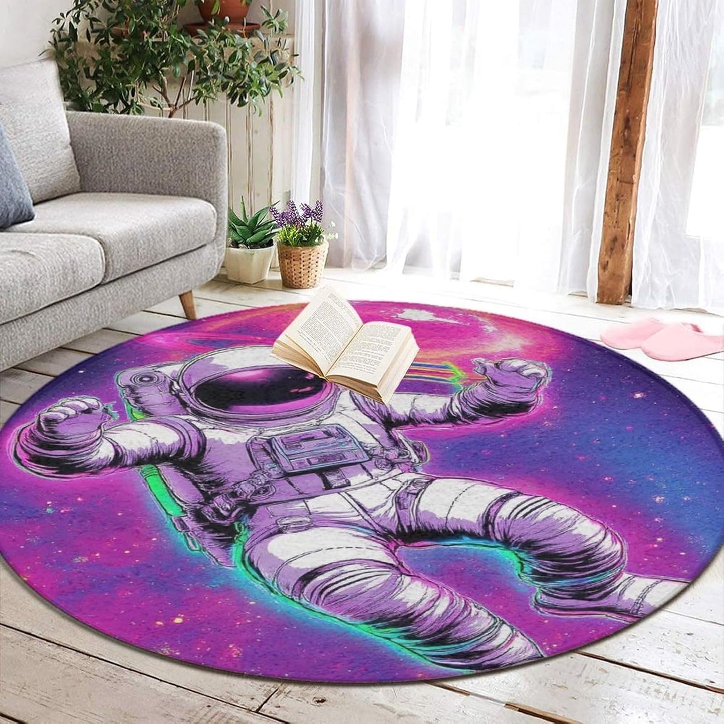 Home Decor Non Slip Kitchen Office Circle Rug, Machine Washable Modern Round Area Rug, Room Sofa Yoga Soft Round Carpet Purple Galaxy Trippy Space Astronaut Art, 36inch