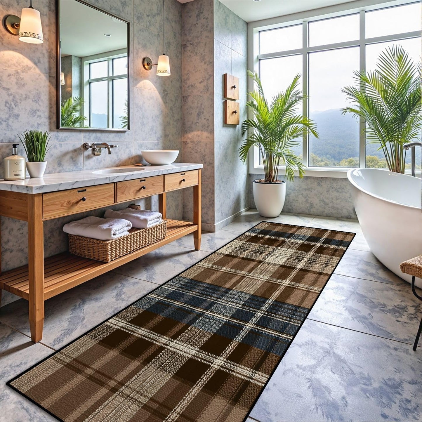 Runner Rug Washable 2x6 White Navy Blue Green Tartan Plaid Scottish Texture from Tartan Plaid Non-Slip Hallway Area Rug Indoor Outdoor Home Decor for Entryway Bathroom Kitchen Carpet Yoga Floor Mat