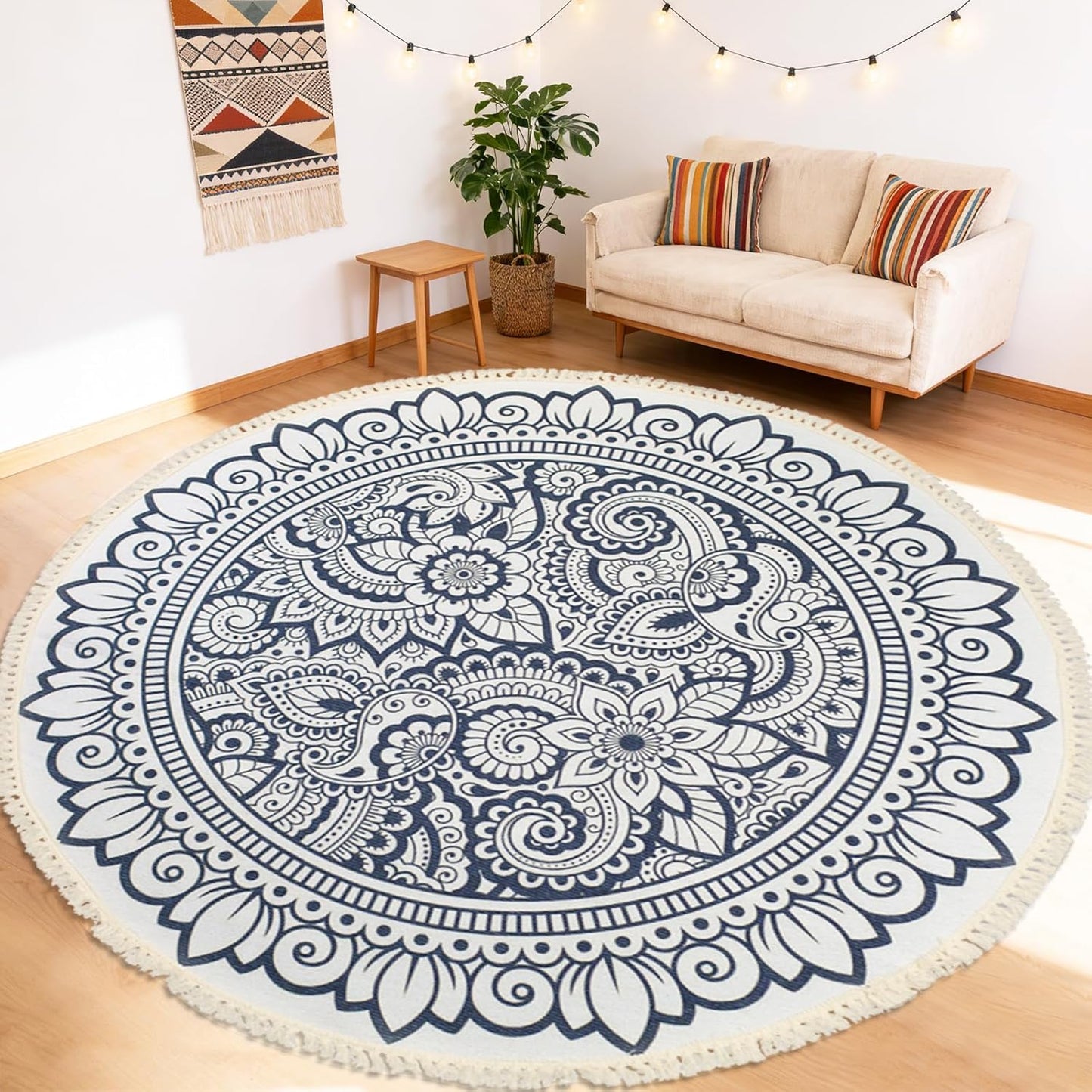 Boho Rug 5Ft Round Bedroom Carpet Circle Nonslip Farmhouse Area Rug Rustic Mandala Floor Mat for Living Room Locker Room Tassel Yoga Throw Rugs Washable Doormat, Purple