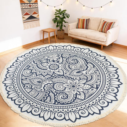Boho Rug 5Ft Round Bedroom Carpet Circle Nonslip Farmhouse Area Rug Rustic Mandala Floor Mat for Living Room Locker Room Tassel Yoga Throw Rugs Washable Doormat, Purple