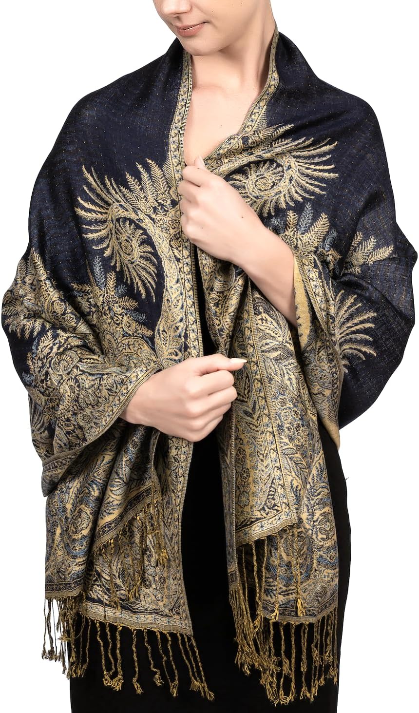 Achillea Reversible Paisley Pashmina Rave Scarf – Exotic Indian Shawls and Wraps for Evening Dresses, Festivals, All Seasons - Colors B