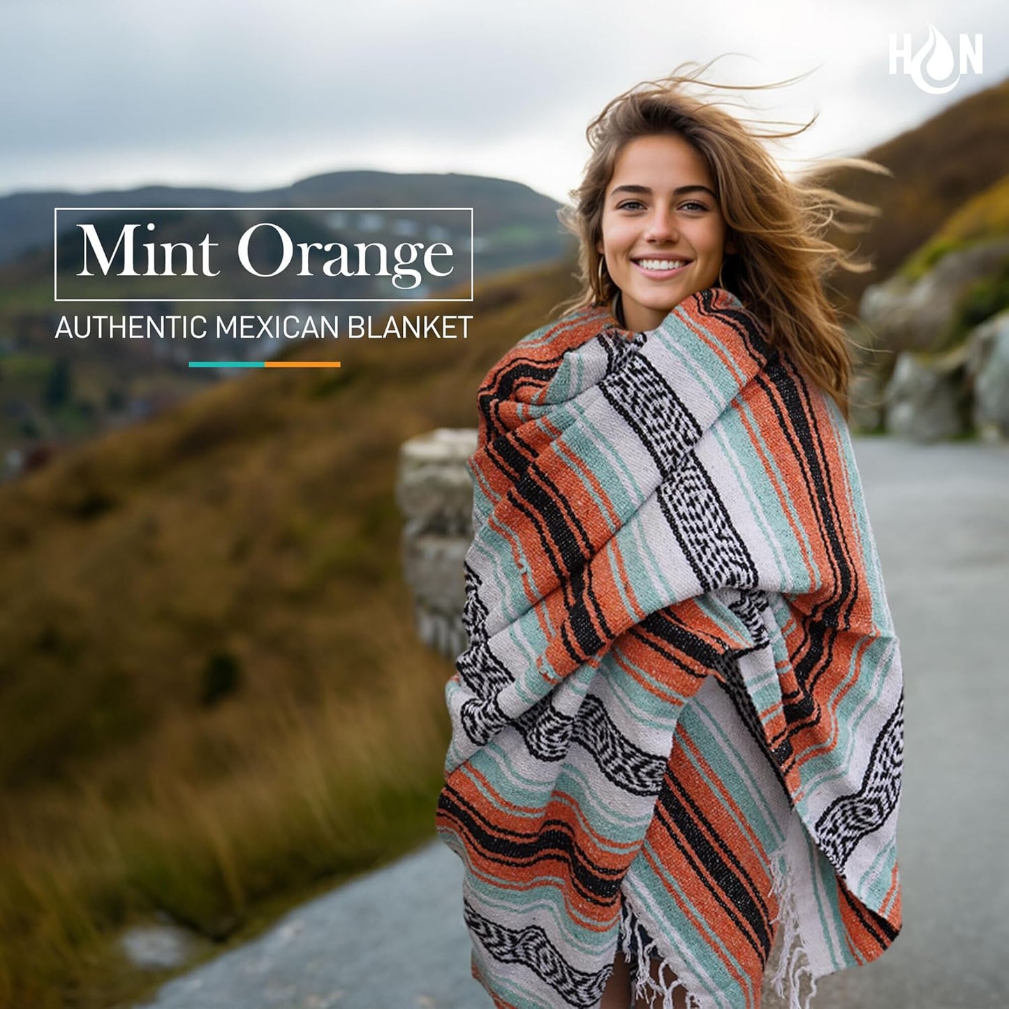 Hydration Nation Authentic Large Handwoven Mexican Blanket - Soft Yoga - Durable Serape - Lightweight Falsa, Beach, Camping, Picnic, Outdoor 70"x50" - Mandarin