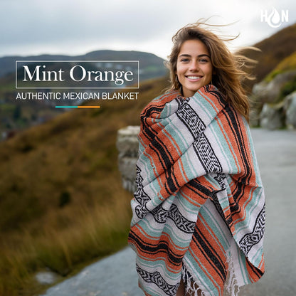 Hydration Nation Authentic Large Handwoven Mexican Blanket - Soft Yoga - Durable Serape - Lightweight Falsa, Beach, Camping, Picnic, Outdoor 70"x50" - Mandarin