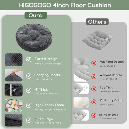 HIGOGOGO Floor Pillow Cushion for Adults, Meditation Cushion Pillow, Large Square Floor Sitting, Tufted Corduroy Cover, for Tatami Living Room or Yoga, 22x22 Inch, Dark Grey