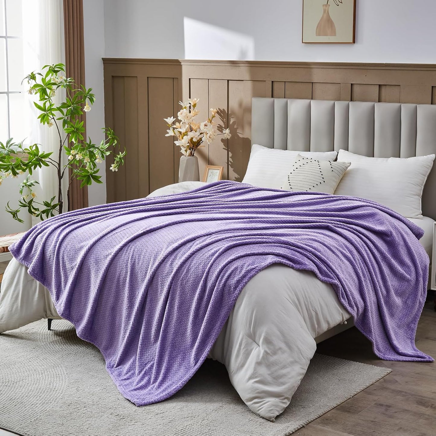 NEWCOSPLAY Super Soft Throw Blanket Light Purple Premium Silky Flannel Fleece Leaves Pattern Lightweight Bed Blanket All Season Use (Light Purple, Throw(50"x60")) - Colors B