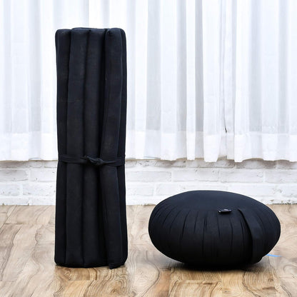 Leewadee Meditation Cushion Set – 1 Round Zafu Meditation Pillow and 1 Square Roll-Up Zabuton Meditation Mat, Pillows Bundle Filled with Kapok