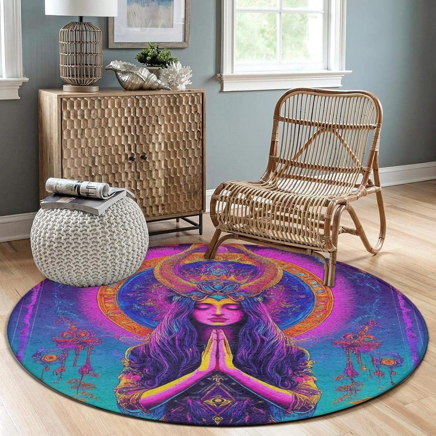 Home Decor Non Slip Kitchen Office Circle Rug, Machine Washable Modern Round Area Rug, Room Sofa Yoga Soft Round Carpet Purple Galaxy Trippy Space Astronaut Art, 36inch