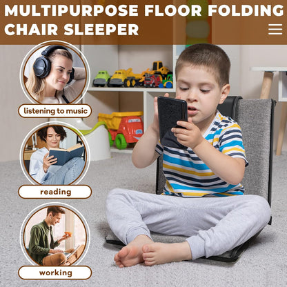 2 Pcs Floor Chair with Back Support Padded Floor Seating Portable Floor Seat Meditation Cushion Adjustable Fully Folding Backrest for Adult Kid Gaming Linen Washable Cover, Nylon Bottom (Blue, Khaki)