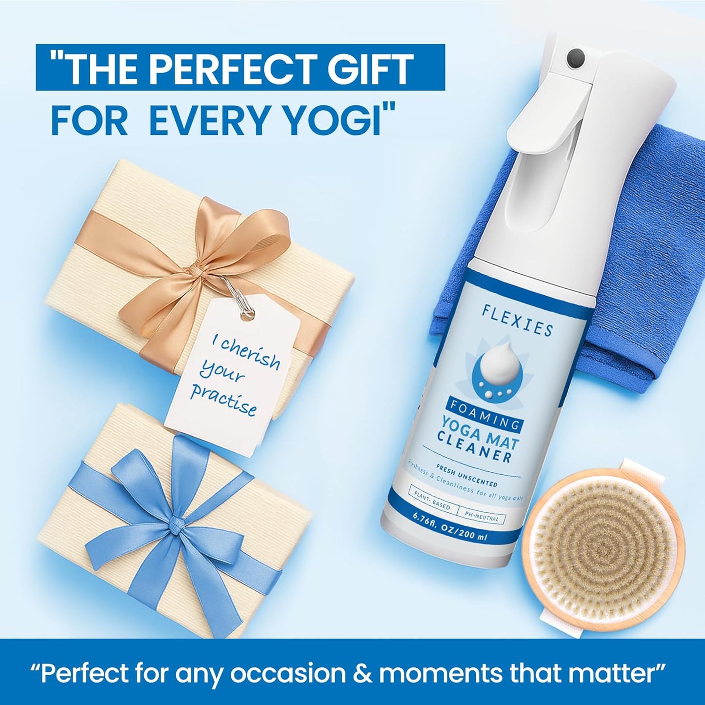 Flexies Foaming Yoga Mat Cleaner Spray Kit, Plant Based Non Toxic Mat Cleaner with Brush and Microfiber Cloth, Yoga Essentials for Women and Men, Pilates Mat Care, Lavender