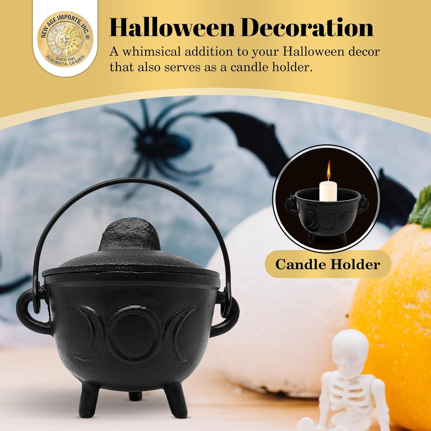 New Age Imports, Inc. Cast Iron Cauldron w/handle & lid, ideal for smudging, incense burning, ritual purpose, decoration, halloween decoration, candle holder, etc. (Pot Style 4" Dia (BR90))